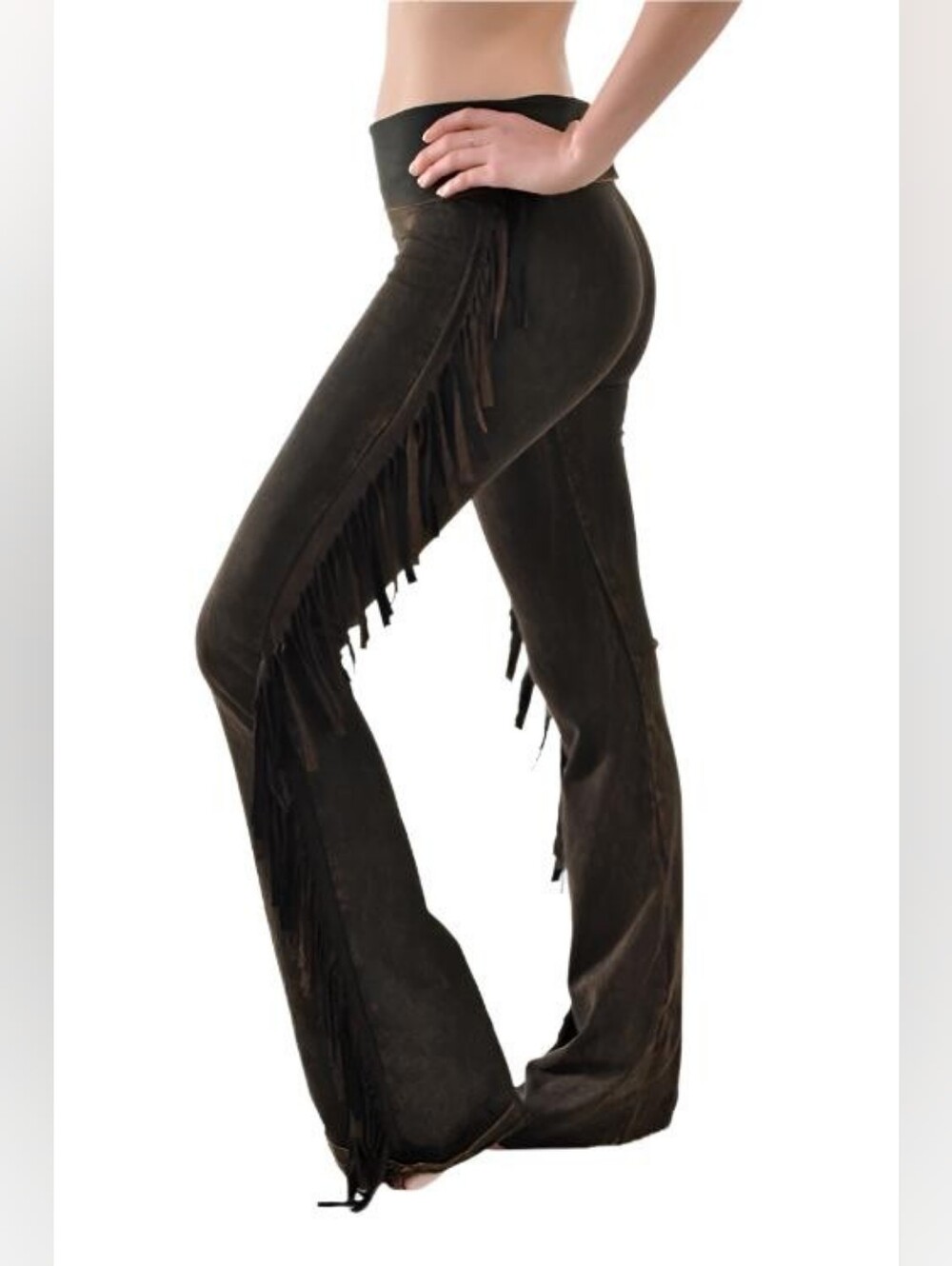 T Party Fringe Flare Leg Black Mineral Wash Yoga Pants Size Large BOHO